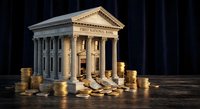 Classical bank building with golden coin stacks representing financial institution, wealth management, investment services and economic stability concepts.