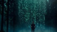 Silhouette of businessman standing in dark forest with glowing green digital matrix rain effect, representing technology and nature connection.
