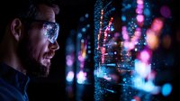Caucasian male with beard wearing glasses examines glowing digital data visualization with blue and pink bokeh lights in dark technological environment.