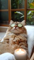 Fluffy orange cat wearing cucumber eye mask relaxing at spa with candle for wellness and self-care concept.