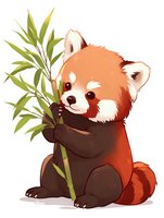 Cute red panda holding bamboo branch with green leaves, cartoon style character on white background for children's book illustrations.