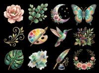 Watercolor botanical and nature elements collection featuring isolated pink peony, green foliage, crescent moon with florals, colorful butterfly, decorative swirls, artist palette, hummingbird, berries, monstera leaf, watercolor wash, feather with ink, and rose arrangements on transparent background. Ready for t-shirt design, clipart, stickers, sublimation, and print-on-demand projects.