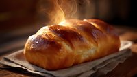 Fresh baked brioche bread loaf with steam rising, golden brown crust on rustic linen cloth, warm lighting creates cozy atmosphere for food photography.