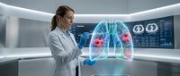 Female doctor examining holographic lung model with medical data in futuristic laboratory for healthcare technology and diagnostic research.