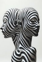 Abstract female profiles with zebra stripe body art pattern in black and white, showing two faces looking in opposite directions against light background.