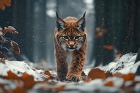 Majestic lynx walking through snowy winter forest with fallen autumn leaves, mysterious atmosphere with bokeh lights and misty background in natural habitat.