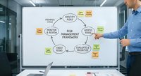 Business professional presenting risk management framework diagram on whiteboard in modern office environment for corporate training and strategy planning.