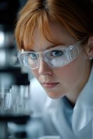 Female scientist with safety glasses conducting laboratory research in modern medical facility for pharmaceutical development.