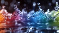 Colorful water splash waves with orange, pink, blue and green gradient background creating dynamic motion effect with droplets and reflections on dark surface.
