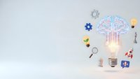 Creative lightbulb with glowing brain and innovation icons on clean white background for business concepts and educational materials.