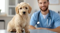 Golden Retriever puppy at veterinary checkup with male caucasian vet in blue scrubs and stethoscope, focus on adorable furry pet in modern clinic setting.