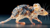 Translucent mouse model with glowing neural network and anatomical details against dark background, showcasing internal biological systems.