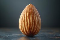 Single fresh almond nut macro shot on dark textured background with dramatic lighting highlighting natural shell texture and grooves. Food photography.