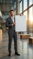 Professional businessman in dark suit holding blank white poster in modern office lobby with glass windows and natural sunlight for corporate presentations.