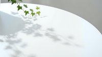 Minimalist white round table with fresh green ivy leaves and dappled shadow overlay, suitable for product placement, interior design, and lifestyle marketing.