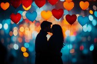 Romantic silhouette of couple kissing against blurred bokeh background with heart-shaped balloons in red, orange and blue creating magical atmosphere.