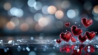 Red glittering hearts floating with water reflection against dark bokeh background, romantic atmosphere with sparkles and dreamy light effects.