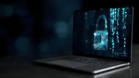 Digital lock with binary code on laptop screen against dark background with bokeh effect, concept of cybersecurity and data protection in modern technology.