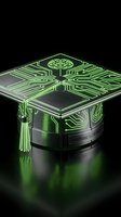 Futuristic graduation cap with glowing green circuit board patterns and brain symbol representing AI education and digital learning technology advancement.
