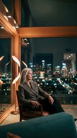 Mature woman with long white hair, Caucasian ethnicity, wearing brown blazer, sitting in modern chair by floor-to-ceiling windows overlooking illuminated cityscape at night. Warm wooden frame and contemporary interior design create sophisticated ambiance for corporate, lifestyle, and editorial use.
