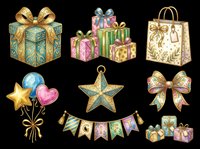 Festive gift boxes, shopping bag, ornaments, and decorative bows isolated on transparent background, ready for holiday designs, t-shirt graphics, stickers, print-on-demand products, and sublimation projects.