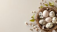 Rustic nest with white and speckled quail eggs surrounded by spring blossoms and green leaves on neutral background.