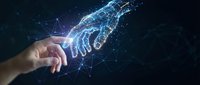 Human hand reaching toward glowing digital robotic hand with network connections representing artificial intelligence and human-technology interaction.