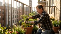 Middle-aged Caucasian man tending to tomato plants in terracotta pots on urban apartment balcony during golden hour sunlight for home gardening concept.