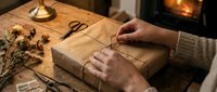 Woman wrapping kraft paper gift box with twine, hands tying present with dried flowers and scissors on wooden table for holiday packaging and gift preparation.
