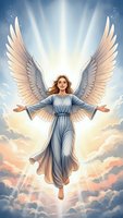 Guardian angel with outstretched wings floating in heavenly clouds with divine light rays. Spiritual protection and celestial guidance concept for faith designs.