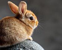 Adorable brown bunny with fluffy fur sitting on dark stone against gray background, side view portrait showing distinctive rabbit features and expressive eye.