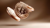 Shiny copper cryptocurrency coins floating in motion against blurred brown background, dramatic lighting highlights digital currency concept.