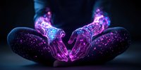 Glowing purple and blue hands emerging from darkness with magical sparkles and cosmic dust effect creating mystical atmosphere against black background.