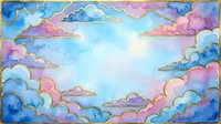 Watercolor sky background with pastel pink and blue clouds framed by golden outlines, dreamy celestial art for cards, posters, and digital design.