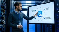 Young professional man presenting cloud computing technology solutions on interactive display screen in modern data center server room.