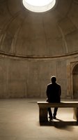 Man sitting alone on bench in minimalist concrete dome interior with natural light from skylight, contemplating solitude and introspection in architectural space.