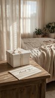 Elegant white gift box with ribbon and thank you card on rustic wooden table in cozy sunlit bedroom with neutral tones.