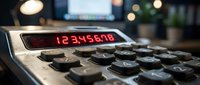 Digital calculator displaying numbers on LED screen in modern office environment for business accounting and financial calculations.