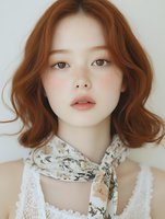 Young Asian woman with auburn wavy bob hairstyle wearing floral silk scarf and white lace top against neutral background for fashion and beauty concepts.