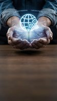 Male professional holding glowing globe with security icons and shields, representing global data protection, cybersecurity compliance frameworks and digital safety solutions for business.