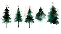 Watercolor Christmas trees with gold star toppers and sparkles on white background, festive winter holiday design elements for seasonal decorations.