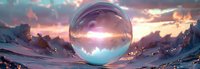 Transparent glass sphere reflecting dramatic winter mountain landscape at sunset with pink clouds and snow peaks, magical crystal ball in snowy environment.