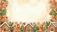 Gingerbread houses, cookies and festive decorations arranged on cream background with copy space for holiday greeting cards, seasonal marketing, bakery promotions and Christmas designs.