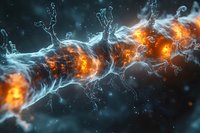 Glowing energy stream with orange plasma bursts and blue electrical discharges flowing through dark cosmic space, creating dynamic light effects.