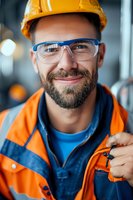 Smiling bearded construction worker wearing orange safety vest, yellow hard hat and protective glasses at industrial site. Professional portrait with bokeh background.