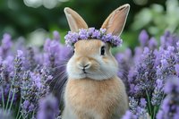 Adorable tan rabbit wearing purple lavender flower crown sits among blooming lavender garden, looking directly at camera with sweet expression and perked ears.