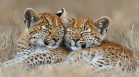 Two adorable leopard cubs snuggling together in tall grass, showing affectionate sibling bond in natural wildlife habitat during golden hour lighting.