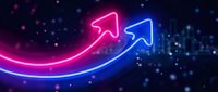Neon glowing arrows pointing upward in pink and blue colors against dark starry background representing growth, success and progress in business.