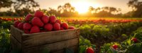 Fresh ripe strawberries in rustic wooden crate at sunset, panoramic view of organic berry farm field with golden sunlight and green plants.