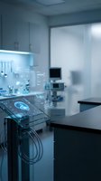 Modern medical laboratory interior with advanced diagnostic equipment and digital brain scan display on monitor for healthcare research and analysis.